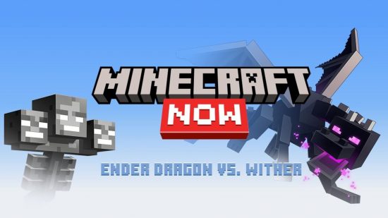 Minecraft Now August is going live later today. This image shows The Wither and the Ender Dragon behind some text saying Minecraft Now.