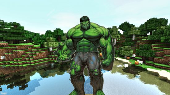 Minecraft Redstone is radioactive. This image shows The Incredible Hulk in front of a Minecraft landscape.