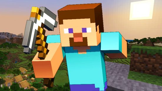 Кожите на Minecraft върнат брадата на Стив - Minecraft Steve върви напред, Pickaxe в ръка и козел на лицето му