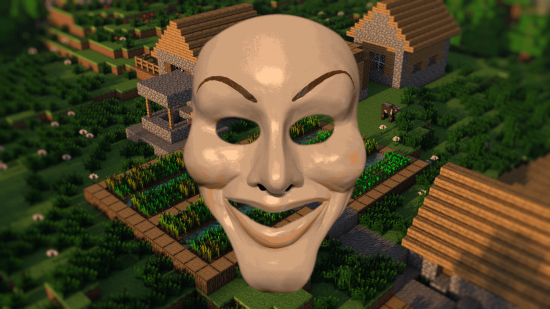 This Minecraft YouTuber recreated The Purge in the game. The image shows a creepy mask in front of a Minecraft village.