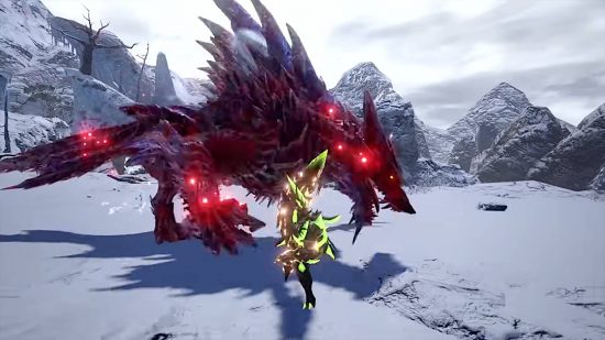 Monster Hunter Rise Sunbreak Anomaly Investigations: a lone hunter in neon green hunting gear facing off against an afflicted Lunagaron - a wolf-like monster that emits flashing red lights.
