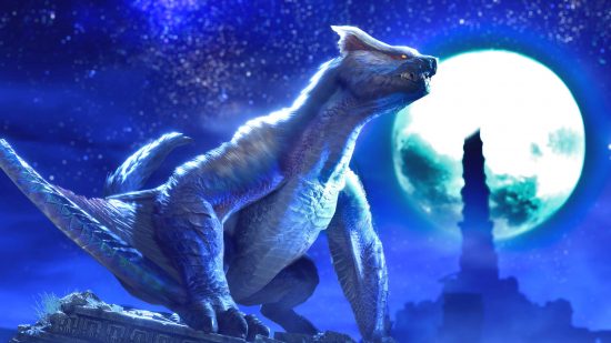 Monster Hunter Rise Sunbreak Lucent Nargacuga: a Lucent Nargacuga stands on top of a pillar in the moonlight. It is a cat-like beast with sharp fangs and wings on its forelegs.