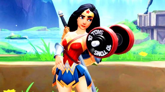 Multiversus arcade mode announced at EVO 2022 - Wonder Woman performing a bicep curl with a 10 ton dumbbell