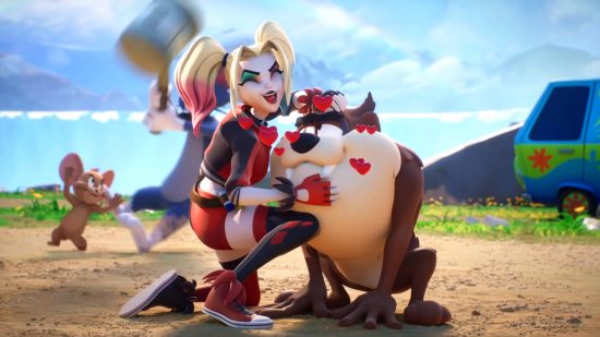 Multiversus codes redeem: Harley Quinn is stroking Taz who is infatuated with her. Meanwhile, Jerry is taunting Tom, who is trying to hit him with his hammer.