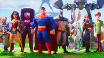Multiversus season 1 patch gives Morty release date and nerfs Batman: heroes from Multiversus including Superman, Wonder Woman and Steven Universe stand in a verdant green field looking at the camera