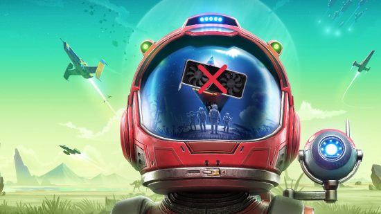 No Man's Sky System Exigences: Game Oeuvre de spaceman avec GPU et Croix-Rouge sur le casque