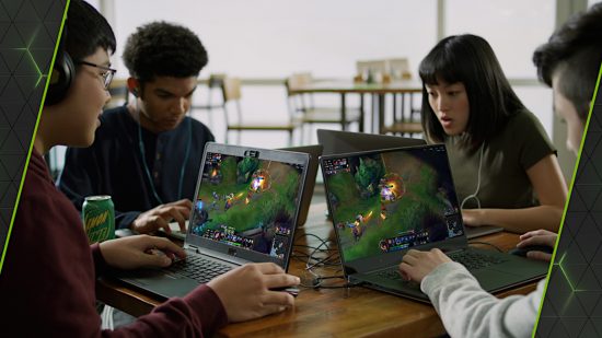 Four students gathered on a table, playing League of Legends using Nvidia GeForce Now