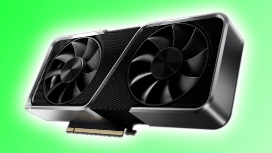 An Nvidia GeForce RTX 3000 Founders Edition GPU floats against a green background