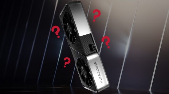 RTX 4000: Nvidia GeForce card on branded backdrop with red question marks around card