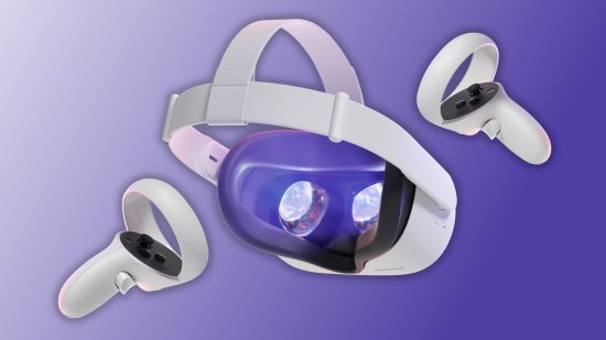 An Oculus Quest 2 headset (centre) floats in mid air against a purple-white background, surrounded by its controllers (left and right)