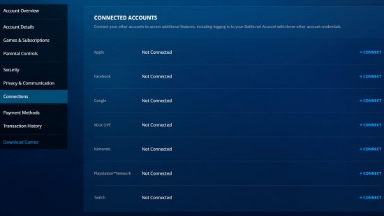 Overwatch 2 crossplay and cross-progression: The Connections menu as shown in the Battle.net account overview, with a list of every available platform that you can connect to Overwatch 2.