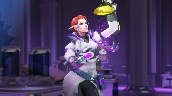 overwatch 2 moira skin lilith diablo 4: Ginger female scientist holds up a conical flash with yellow liquid