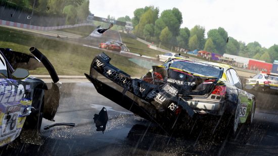 Project Cars delisted: The back half of a car chassis separates from the front on a rainy race track