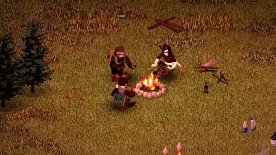 Project Zomboid update 41.73L Three survivors sit around a campfire in a grassy area littered with sticks, spare boards, and some used bottles