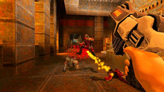 Quake 2 remaster hinted at by Steam updates ahead of Quakecon: a first-person perspective showing monsters being shot by a futuristic looking handgun