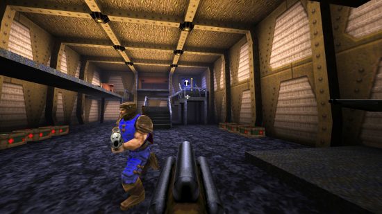 Quake update 4 CTF mod: A blue player defends their base in Quake Capture the Flag mode