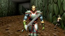Classic RPGs for QuakeCon: An armoured elf warrior approaches while holding a large sword as a goblin collides with the wall in Battlespire