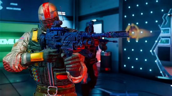 Rainbow Six Siege MUTE Protocol gun game: An operator dressed in a throwback sci-fi costume fires a machine gun decorated with a swirling blue pattern