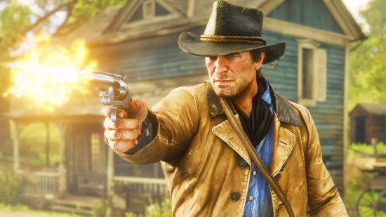 Red Dead Redemption 2 is a better history game than Assassin’s Creed: a cowboy, Arthur Morgan from Red Dead Redemption 2, stands in a field and fires his revolver