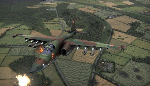 Cold War RTS Regiments launch: A Soviet fighter jet soars up and away from a battle raging below