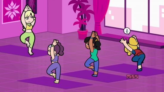 Rift of the Necrodancer trailer: Three women practice yoga in a pink room
