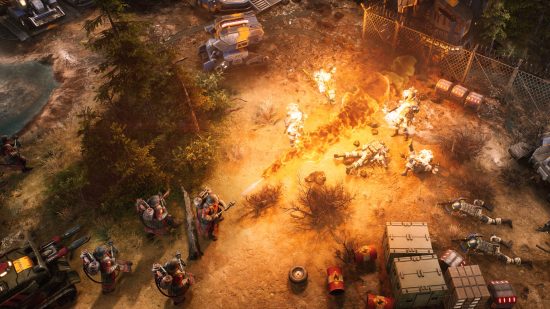 RTS game Tempest Rising: Soldiers fire a flamethrower in the direction of several bodies lying on the sandy ground, surrounded by military equipment and machinery.