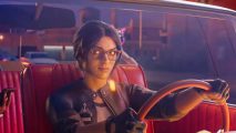 Saints Row characters trailer: Neenah the getaway driver sits on a leather seat with a sly look