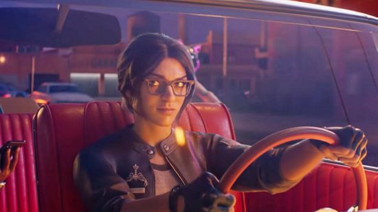 Saints Row characters trailer: Neenah the getaway driver sits on a leather seat with a sly look