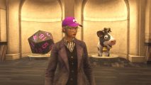 Saints Row collectibles: a display of a D20 and a model cow with a cowboy hat in the Saints Church. The player character is wearing a Saints hat, blazer, waistcoast, and striped shirt.