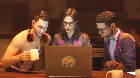 Saints Row guide: Neenah, Kev, and Eli are watching something on Neenah's laptop. Kev is holding a cup of coffee.