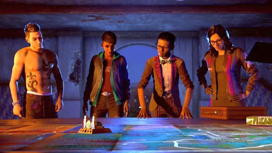 Saints Row multiplayer: four people stand around a map of Santo Ileso