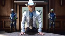 Saints Row Severance Package fire kill Atticus: Atticus Marshall is wearing a cowboy hat and standing at a table with an intense stare. Two guards flank him near the door.