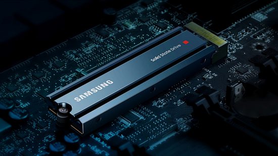 A Samsung Pro NVMe SSD sits atop a gaming motherboard