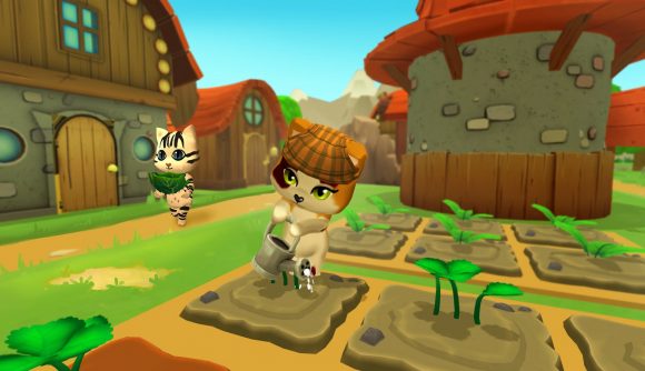 Sims 4 meets Animal Crossing in new management game. Two cute cats water plants in an idyllic village.