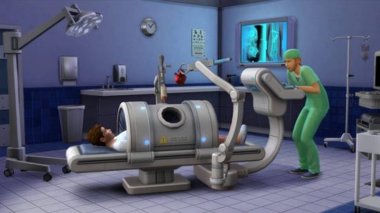The Sims 4 skill cheats: A doctor sim carrying out a cat scan