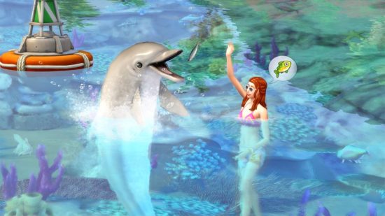 Sims 4 cheats: A Sim swimming alongside a dolphin in Sims 4 Island Living