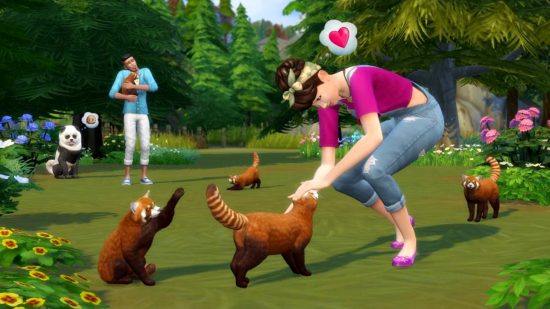 Sims 4 cheats: A Sim petting her cat in a local park in Sims 4 Cats & Dogs expansion pack cheats
