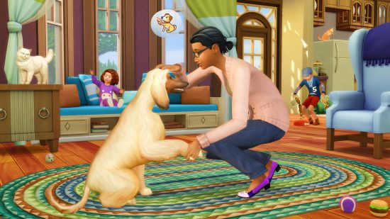 Sims 4 pets transformed into humans by Cats and Dogs bug: a Sim strokes the head of her dog