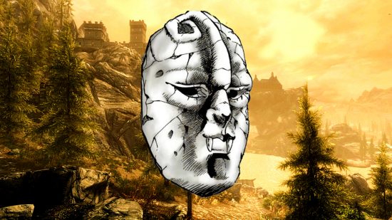 Skyrim mod turns Dragon Priest masks into cursed JJBA cosplay - the Stone Mask in front of Solitude