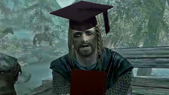 Skyrim mod asks you to write a thesis - Ulfric Stormcloack with a scholar's mortar board cap and a notebook