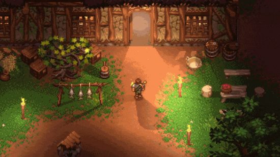 Skyrim pixel art RPG: A pixel art hunter stands outside a torch-lit village gate