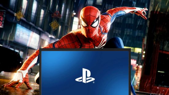 Sony PlayStation PC launcher - Spider-Man looks at a monitor with the PlayStation logo on it