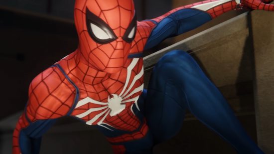 Marvel's Spider-Man Remastered screenshot showing Spider-Man on the side of a building looking cool.