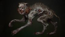 STALKER 2 cats: Concept art of the Bayun shows its torn skin and bulbous red vocal sacs on the sides of its throat