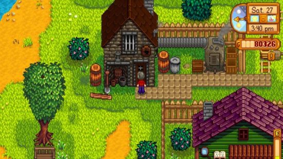 Stardew Valley mod: The farmer stands outside Clint's blacksmith shop