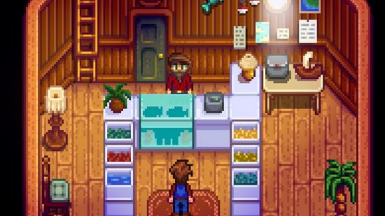 Stardew Valley mod: The player enters Willy's shop to make a purchase