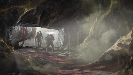 Starfield Constellation faction: Some explorers entering a cave covered in roots and dust.