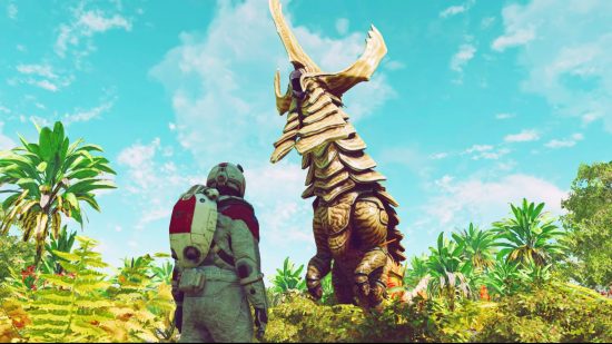 Starfield gameplay won't be at Gamescom: an astronaut on a verdant planet stares up at a giant alien dinosaur