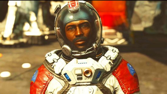 Starfield Reddit, starved for news, begins debating space sex: a spaceperson from Starfield in full spacesuit talks to the player character