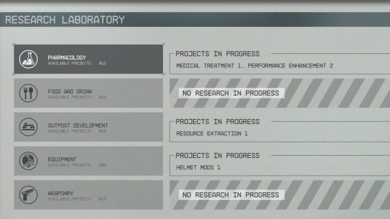A menu showing the progress bar for ongoing Starfield research laboratory projects in Pharmacology, Outpost Development, and Equipment categories.